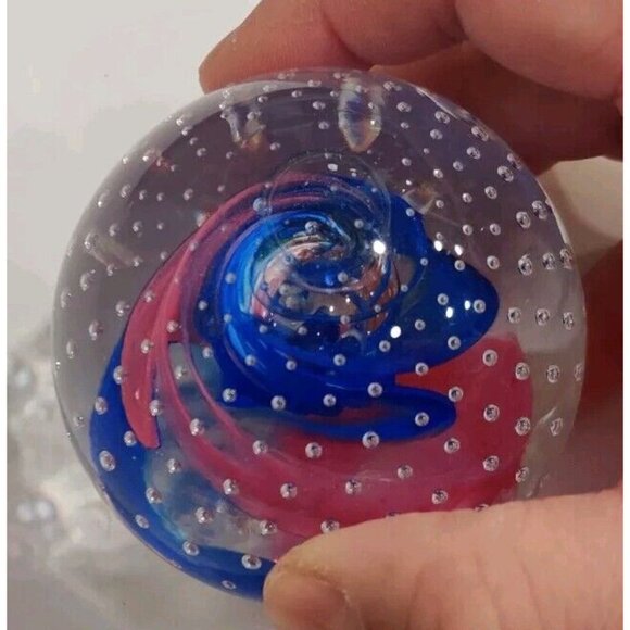 Caithness Blue & Pink Bubble Reflection Art Glass Paperweight SIGNED 95' 2.5" - Picture 1 of 10